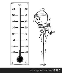 Cartoon stick drawing conceptual illustration of chilled man looking at big Celsius thermometer showing low weather temperature around minus 15 degree.. Cartoon of Chilled Man Looking at Big Celsius Thermometer Showing Low Temperature