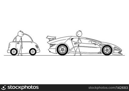 Cartoon stick drawing conceptual illustration of comparison of two men or businessmen. Successful and rich man owns expensive and luxury super sport car, poor guy owns small and cheap car. Business concept of success, wealth and poverty.. Cartoon of Two Men or Businessmen, One With Expensive Sport Car, Another With Cheap and Small Car