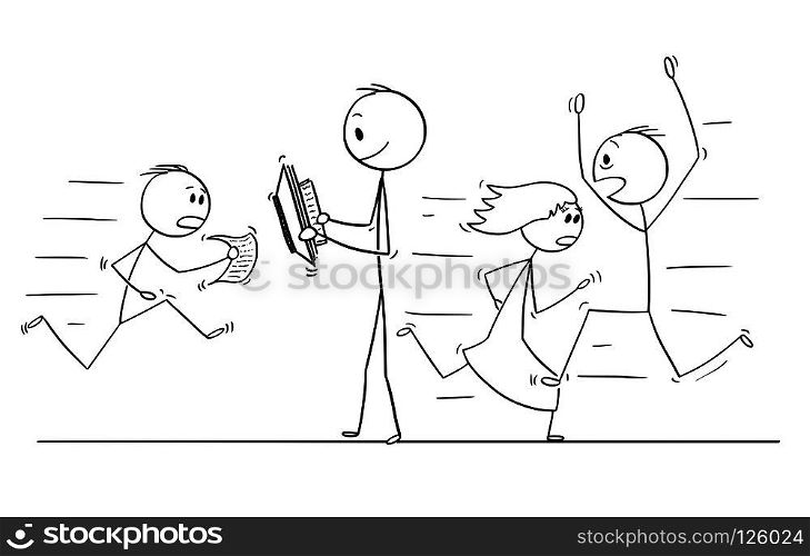 Cartoon stick drawing conceptual illustration of confident man walking slowly and calmly reading with crowd of people in stress running and hurrying around him.. Cartoon of Confident Man Walking Slowly and Reading With People Hurrying in Stress Around