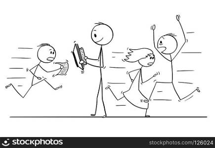 Cartoon stick drawing conceptual illustration of confident man walking slowly and calmly reading with crowd of people in stress running and hurrying around him.. Cartoon of Confident Man Walking Slowly and Reading With People Hurrying in Stress Around