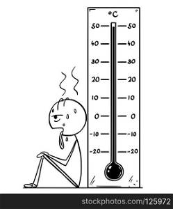 Cartoon stick drawing conceptual illustration of exhausted and overheated man sitting near big Celsius thermometer showing extreme hot weather or heat almost 50 degree.. Cartoon of Overheated or Exhausted Man and Celsius Thermometer Showing Extreme Hot Weather or Heat
