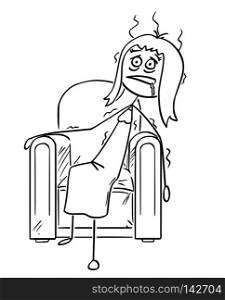 Cartoon stick drawing conceptual illustration of exhausted woman sitting collapsed in armchair.. Cartoon of Exhausted Woman Sitting Collapsed in Armchair