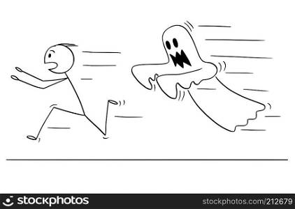 Cartoon stick drawing conceptual illustration of frightened man running away from ghost. Halloween theme.. Cartoon of Frightened Man Running Away From Ghost
