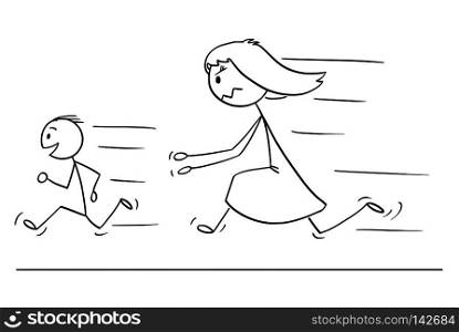 Cartoon stick drawing conceptual illustration of frustrated and angry mother chasing naughty and disobedient son.. Cartoon of Frustrated and Angry Mother Chasing Naughty or Disobedient Son