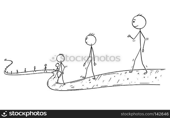 Cartoon stick drawing conceptual illustration of line of people or businessmen walking on the path ending in infinity.. Cartoon of Line of People or Businessmen Walking on the Path Ending in Infinity