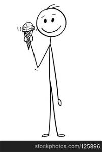 Cartoon stick drawing conceptual illustration of man holding ice cream cone.. Cartoon of Man Holding Ice Cream Cone