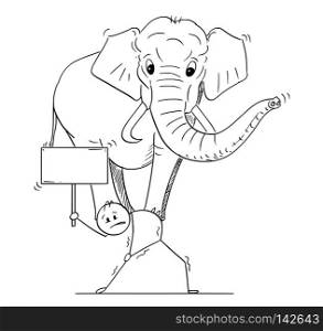 Cartoon stick drawing conceptual illustration of man or businessman carrying elephant on his back and holding empty sign. Business concept of effort and challenge.. Cartoon of Man or Businessman Carrying Elephant on His Back and Holding Empty Sign
