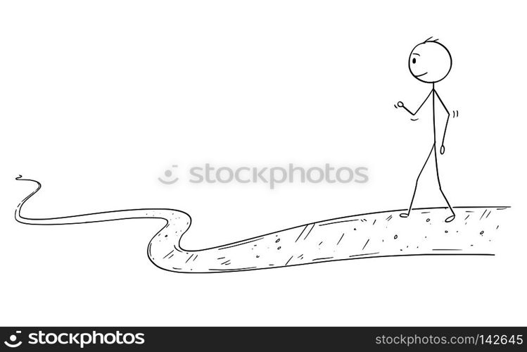 Cartoon stick drawing conceptual illustration of man or businessman walking on path or way ending in infinity.. Cartoon of Man or Businessman Walking on Path Ending in Infinity