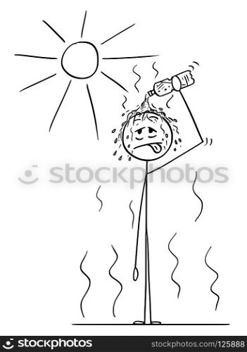 Cartoon stick drawing conceptual illustration of man standing on Sun in hot summer weather or heat and pouring water from plastic bottle on his head.. Cartoon of Man in Hot Summer Pouring Water From Bottle on His Head