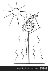 Cartoon stick drawing conceptual illustration of man standing on Sun in hot summer weather or heat and pouring water from plastic bottle on his head.. Cartoon of Man in Hot Summer Pouring Water From Bottle on His Head