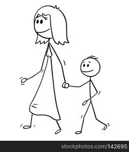 Cartoon stick drawing conceptual illustration of Mother walking with son and holding his hand.. Cartoon of Mother Walking With Son and Holding His Hand