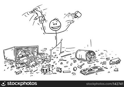 Cartoon stick drawing conceptual illustration of naughty or disobedient little boy doing mess in room by throwing toys all around.. Cartoon of Naughty or Disobedient Little Boy Doing Mess