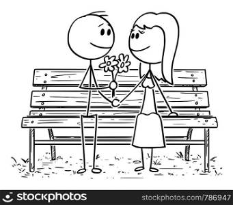 Cartoon stick drawing conceptual illustration of romantic couple sitting on park bench or seat, man is giving flowers to woman.. Cartoon of Loving Couple Sitting on Park Bench or Seat, Man Giving Flower to Woman