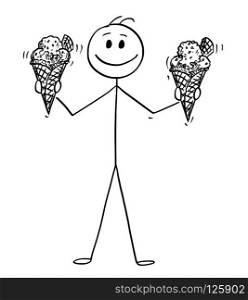 Cartoon stick drawing conceptual illustration of smiling man holding and offering two big ice cream cones with wafer.. Cartoon of Smiling Man Holding and Offering Two Big Ice Cream Cones