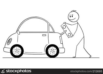 Cartoon stick drawing conceptual illustration of smiling man winding up or charging electric car by toy key, happy to save the nature and environment.. Cartoon of Happy Man Winding Up or Charging Electric Car by Toy Key