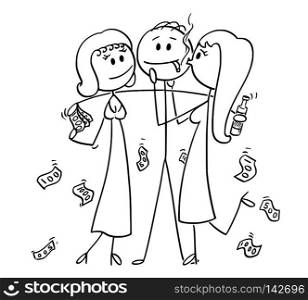 Cartoon stick drawing conceptual illustration of successful and rich man or businessman holding two girls hugging and kissing him for money.. Cartoon of Successful and Rich Man or Businessman With Two Girls Hugging Him for Money