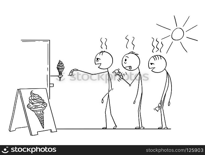 Cartoon stick drawing conceptual illustration of three men waiting in queue to buy ice cream in cone in hot summer weather.. Cartoon of Three Exhausted Men Waiting in Hot Summer in Queue to Buy Ice Cream in Cone
