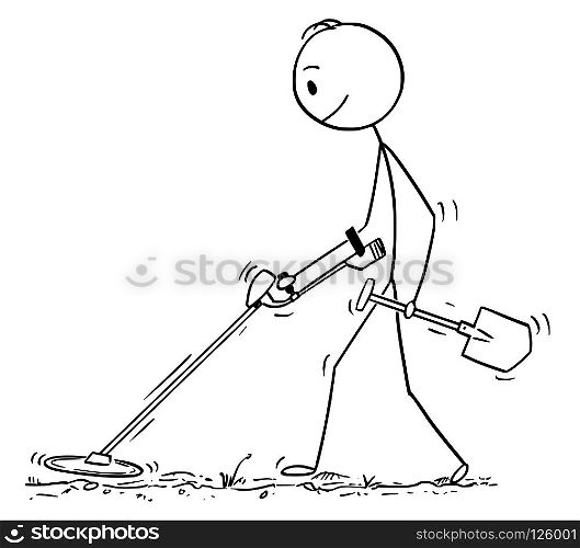 Cartoon stick drawing conceptual illustration of treasure hunter with spade searching with metal detector.. Cartoon of Man Searching for Treasure With Metal Detector