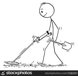 Cartoon stick drawing conceptual illustration of treasure hunter with spade searching with metal detector.. Cartoon of Man Searching for Treasure With Metal Detector