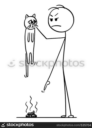 Cartoon stick figure drawing conceptual illustration of angry man holding cat in hand and pointing his finger at excrement,stool, poop or shit on the ground.. Cartoon of Man Holding Cat and Pointing Finger at Excrement, Poop, Shit or Stool on the Ground
