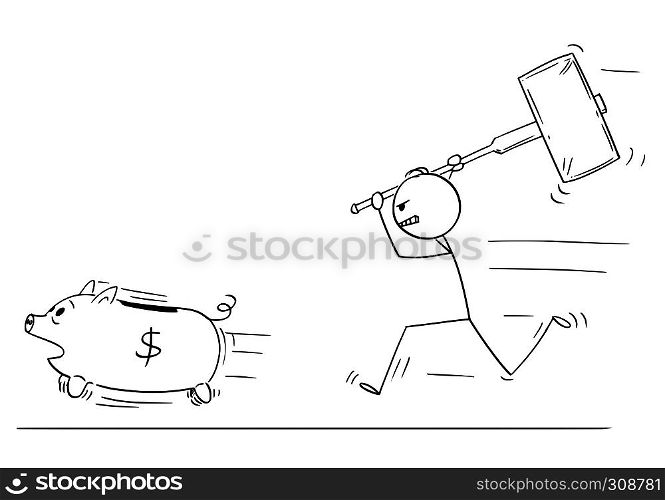Cartoon stick figure drawing conceptual illustration of angry man or businessman chasing running piggy bank pig with big hammer.. Cartoon of Angry Man or Businessman Chasing Running Piggy Bank With Big Hammer