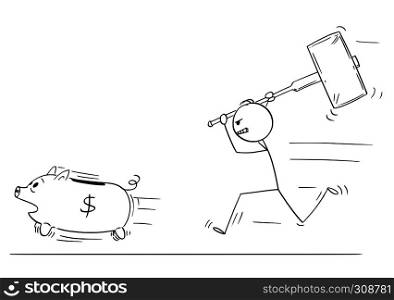 Cartoon stick figure drawing conceptual illustration of angry man or businessman chasing running piggy bank pig with big hammer.. Cartoon of Angry Man or Businessman Chasing Running Piggy Bank With Big Hammer