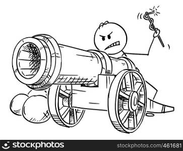 Cartoon stick figure drawing conceptual illustration of angry man or businessman targeting with antique cannon ready to fire.. Cartoon of Man Targeting with Antique Cannon Ready to Fire