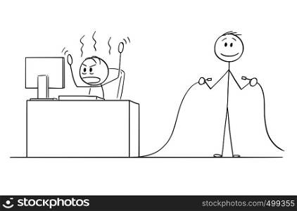 Cartoon stick figure drawing conceptual illustration of angry man or businessman working in office on computer, another man is holding unplugged Internet network or electric power cable.. Cartoon of Angry Man or Businessman Working on Office Computer, Another Man Is Holding Unplugged Cable