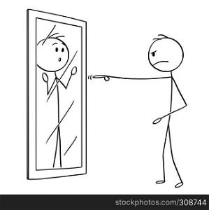 Cartoon stick figure drawing conceptual illustration of angry man pointing and blaming yourself or his reflection in mirror.. Cartoon of Angry Man Blaming Yourself in Mirror