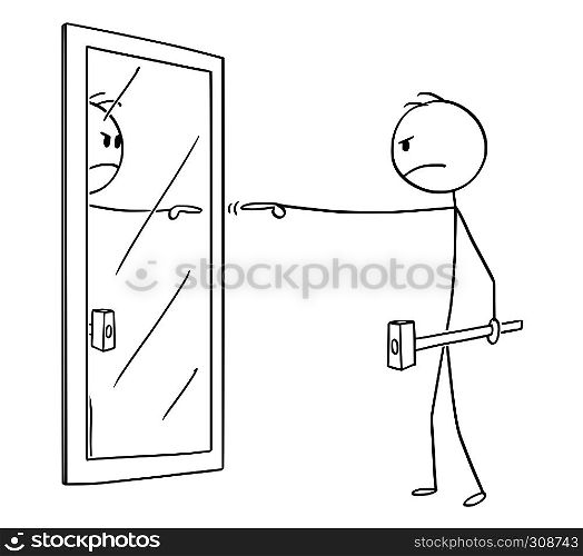 Cartoon stick figure drawing conceptual illustration of angry man with hammer pointing and blaming yourself or his reflection in mirror.. Cartoon of Angry Man With Hammer Blaming Yourself in Mirror
