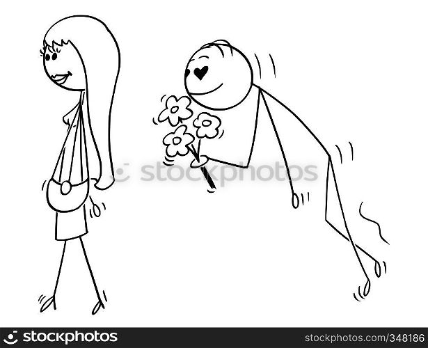 Cartoon stick figure drawing conceptual illustration of attractive beautiful young woman followed by enamoured or or amorous swain with eyes in shape of heart and holding flowers.. Cartoon of Beautiful Young Woman and Amorous Swain Following Her With Flowers