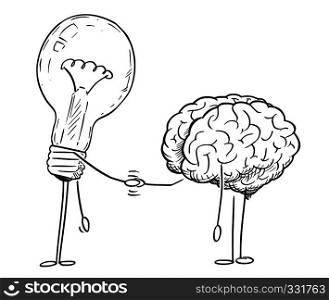 Cartoon stick figure drawing conceptual illustration of brain and lightbulb or light bulb characters shaking hands. Business concept of creativity and intelligence.. Cartoon Drawing of Brain and Lightbulb Characters Shaking Hands