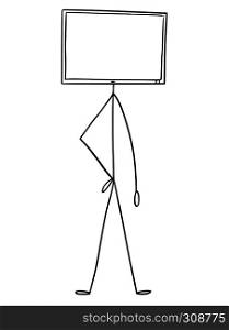 Cartoon stick figure drawing conceptual illustration of character with computer or TV or television monitor as head. There is empty space for your text.. Cartoon of Character With Computer or TV Monitor as Head