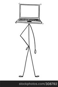 Cartoon stick figure drawing conceptual illustration of character with laptop or notebook computer as head. There is empty space for your text.. Cartoon of Character With Laptop or Notebook Computer as Head
