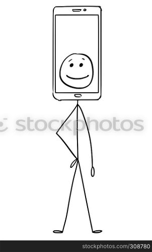 Cartoon stick figure drawing conceptual illustration of character with mobile phone display showing emoticon image as head.. Cartoon of Character With Mobile Phone Showing Emoticon as Head