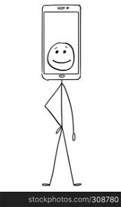 Cartoon stick figure drawing conceptual illustration of character with mobile phone display showing emoticon image as head.. Cartoon of Character With Mobile Phone Showing Emoticon as Head