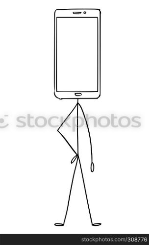 Cartoon stick figure drawing conceptual illustration of character with mobile phone display as head. There is empty space for your text.. Cartoon of Character With Mobile Phone as Head