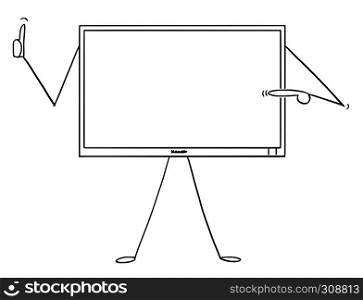 Cartoon stick figure drawing conceptual illustration of computer or TV or television monitor character pointing at empty screen and showing thumb up. There is space for your text.. Cartoon of Computer or TV or Television Monitor Character Pointing at Yourself and Showing Thumb Up