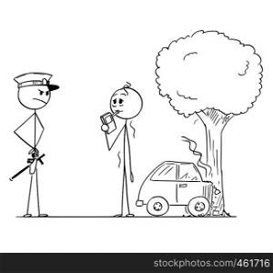 Cartoon stick figure drawing conceptual illustration of controlling alcohol level of drunk man or driver after car accident.. Cartoon of Policeman Controlling Alcohol Level of Drunk Driver After Car Accident
