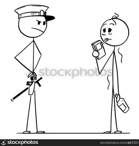 Cartoon stick figure drawing conceptual illustration of controlling alcohol level of drunk man or driver holding bottle.. Cartoon of Policeman Controlling Alcohol Level of Drunk Man