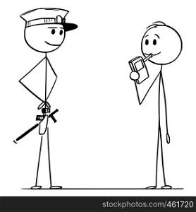 Cartoon stick figure drawing conceptual illustration of controlling alcohol level of man or driver.. Cartoon of Policeman Controlling Alcohol Level Man or Driver