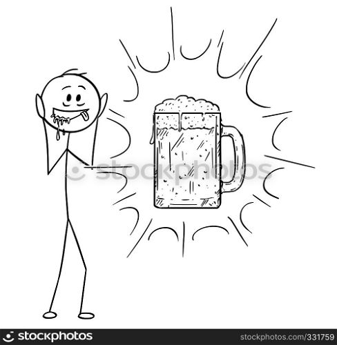 Cartoon stick figure drawing conceptual illustration of crazy and thirsty man who see vision of glass beer mug or pint.. Cartoon of Crazy and Thirsty Man Who See Vision of Glass Beer Mug or Pint