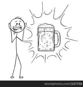 Cartoon stick figure drawing conceptual illustration of crazy and thirsty man who see vision of glass beer mug or pint.. Cartoon of Crazy and Thirsty Man Who See Vision of Glass Beer Mug or Pint