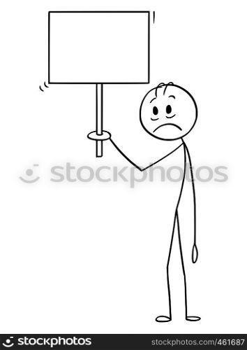 Cartoon stick figure drawing conceptual illustration of depressed and sad man holding empty or blank sign ready for your text.. Cartoon of Sad and Depressed Man Holding Empty Sign