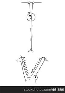 Cartoon stick figure drawing conceptual illustration of depressed man hanging high above crocodile or monster and holding a bar.. Cartoon of Depressed Man Hanging in High Above Crocodile or Monster and Holding a Bar