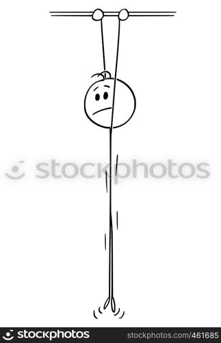 Cartoon stick figure drawing conceptual illustration of depressed man hanging high and holding a bar.. Cartoon of Depressed Man Hanging in High Holding a Bar