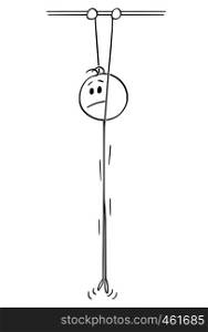 Cartoon stick figure drawing conceptual illustration of depressed man hanging high and holding a bar.. Cartoon of Depressed Man Hanging in High Holding a Bar