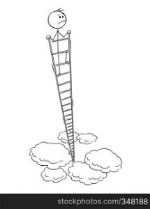 Cartoon stick figure drawing conceptual illustration of dissatisfied man or businessman looking around from the top of very high ladder. Business concept of success and satisfaction.. Cartoon of Dissatisfied Man or Businessman Looking Around From the Top of Very High Ladder