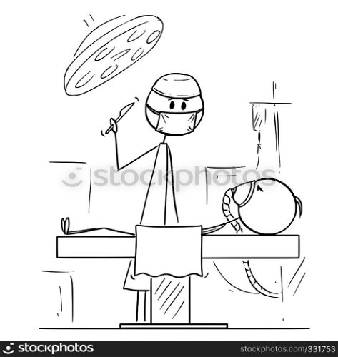 Cartoon stick figure drawing conceptual illustration of doctor surgeon on operating theater ready to operate patient.. Cartoon of Surgeon on Operating Theater Ready to Operate a Patient