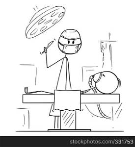 Cartoon stick figure drawing conceptual illustration of doctor surgeon on operating theater ready to operate patient.. Cartoon of Surgeon on Operating Theater Ready to Operate a Patient